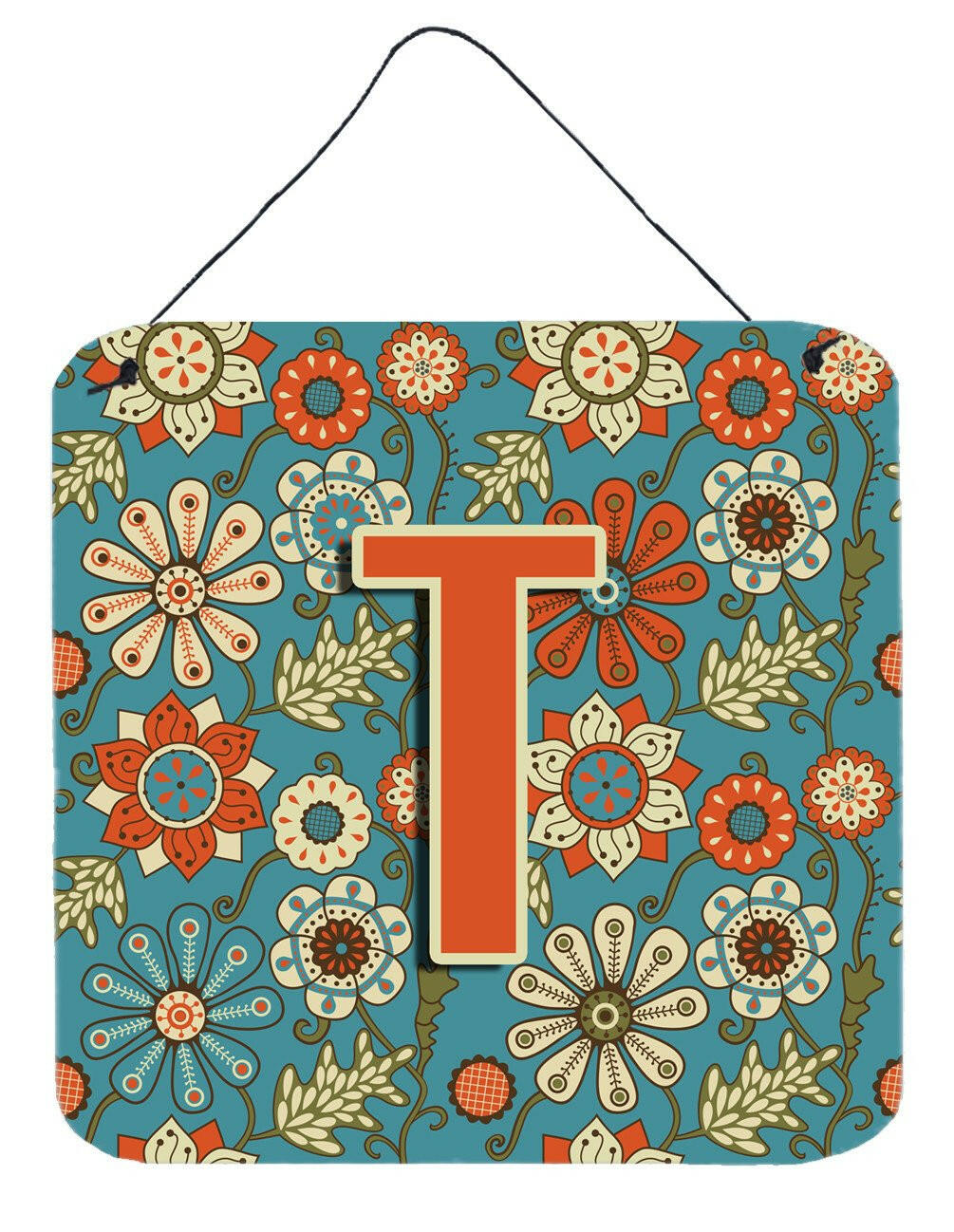 Letter T Flowers Retro Blue Wall or Door Hanging Prints CJ2012-TDS66 by Caroline's Treasures