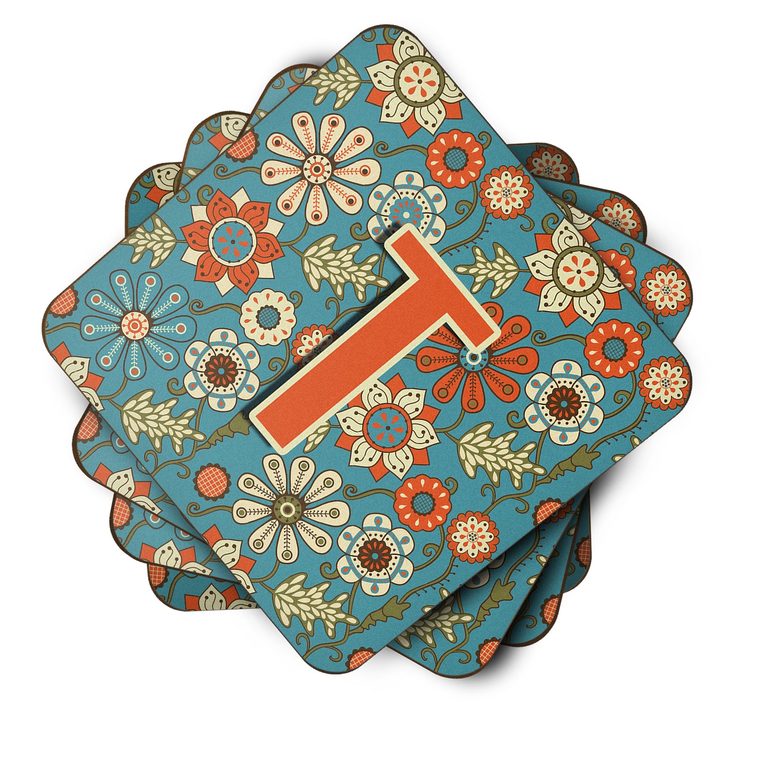 Set of 4 Letter T Flowers Retro Blue Foam Coasters CJ2012-TFC - the-store.com