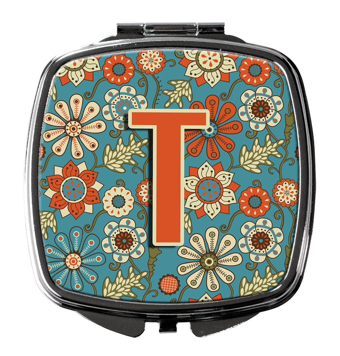 Letter T Flowers Retro Blue Compact Mirror CJ2012-TSCM  the-store.com.