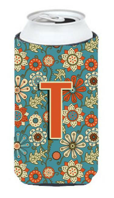 Letter T Flowers Retro Blue Tall Boy Beverage Insulator Hugger CJ2012-TTBC by Caroline&#39;s Treasures