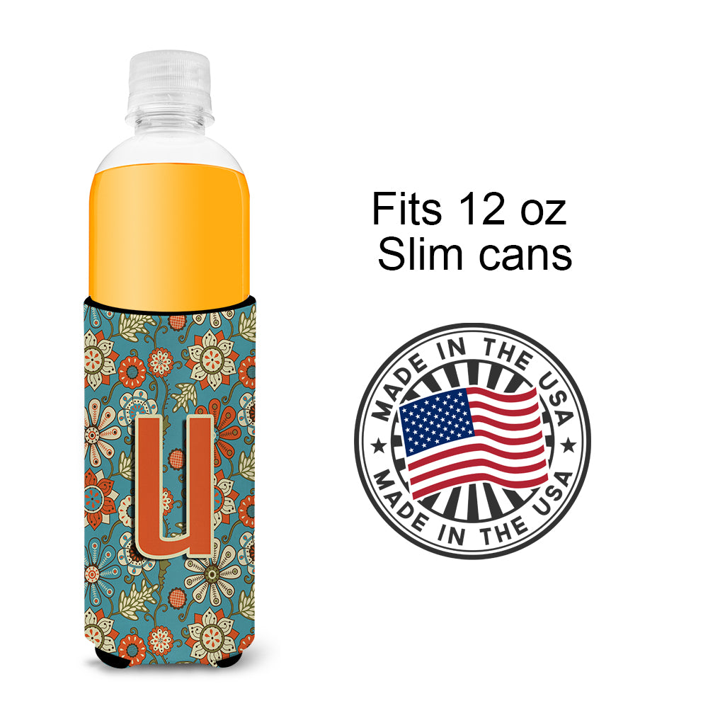 Letter U Flowers Retro Blue Ultra Beverage Insulators for slim cans CJ2012-UMUK.