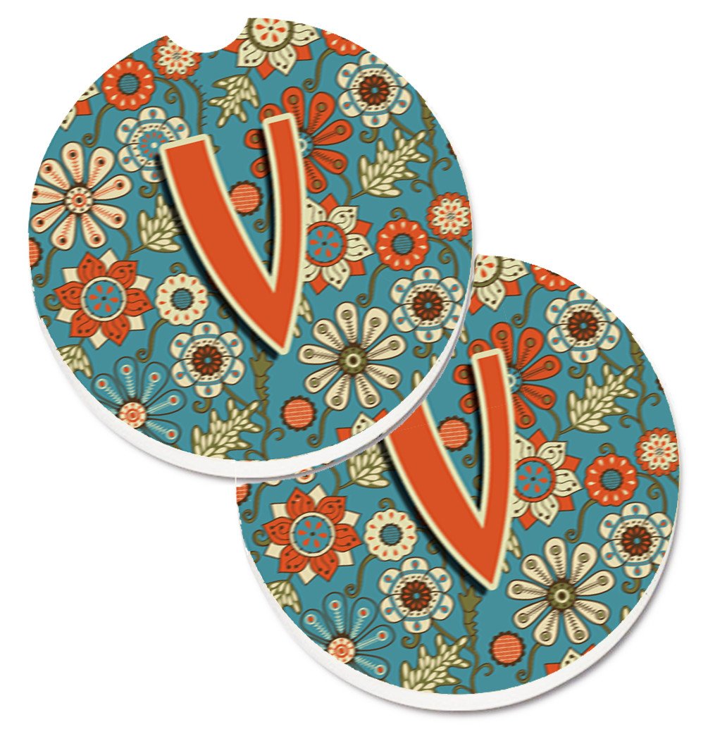 Letter V Flowers Retro Blue Set of 2 Cup Holder Car Coasters CJ2012-VCARC by Caroline's Treasures