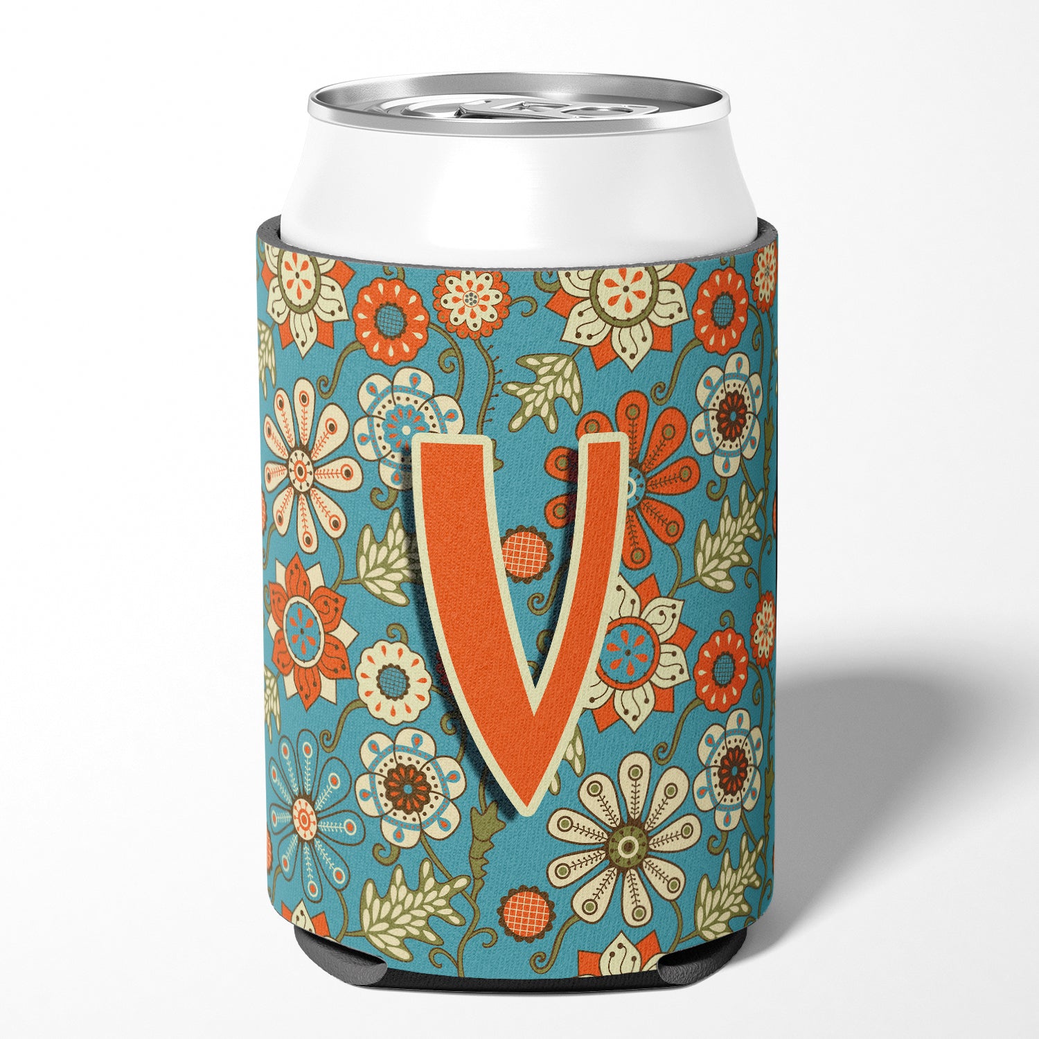 Letter V Flowers Retro Blue Can or Bottle Hugger CJ2012-VCC.