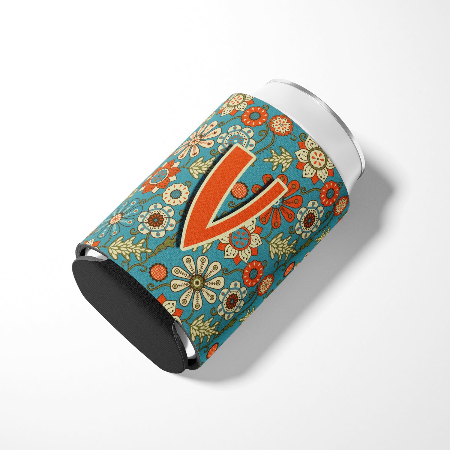 Letter V Flowers Retro Blue Can or Bottle Hugger CJ2012-VCC.