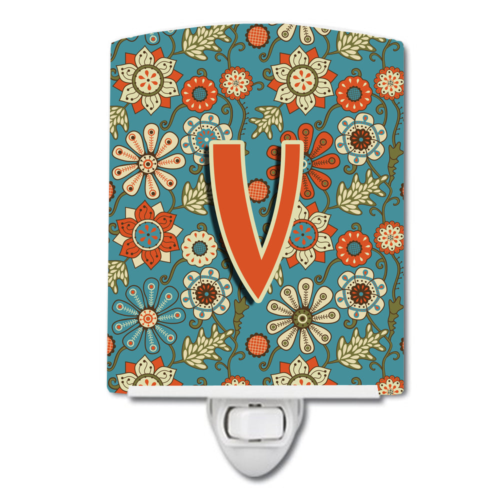 Letter V Flowers Retro Blue Ceramic Night Light CJ2012-VCNL - the-store.com