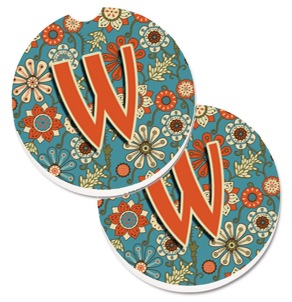 Letter W Flowers Retro Blue Set of 2 Cup Holder Car Coasters CJ2012-WCARC by Caroline's Treasures