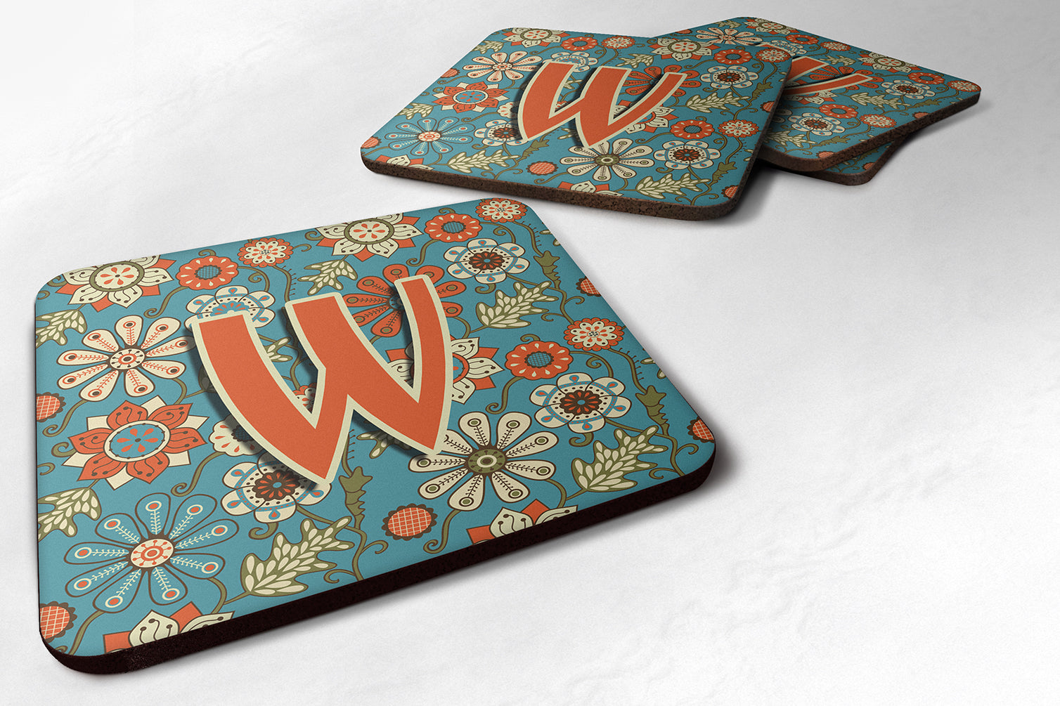 Set of 4 Letter W Flowers Retro Blue Foam Coasters CJ2012-WFC - the-store.com