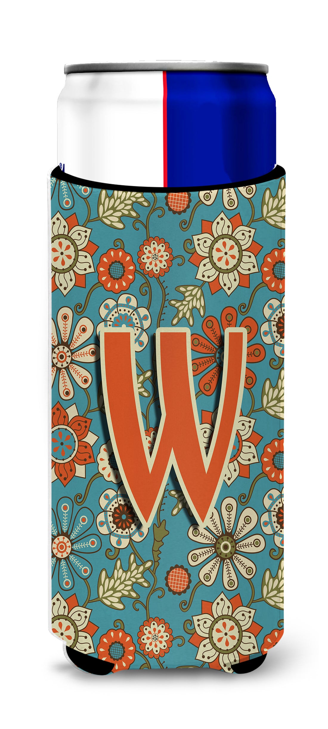 Letter W Flowers Retro Blue Ultra Beverage Insulators for slim cans CJ2012-WMUK.