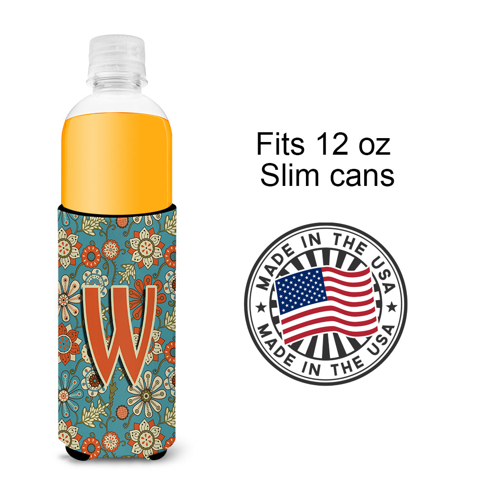 Letter W Flowers Retro Blue Ultra Beverage Insulators for slim cans CJ2012-WMUK.