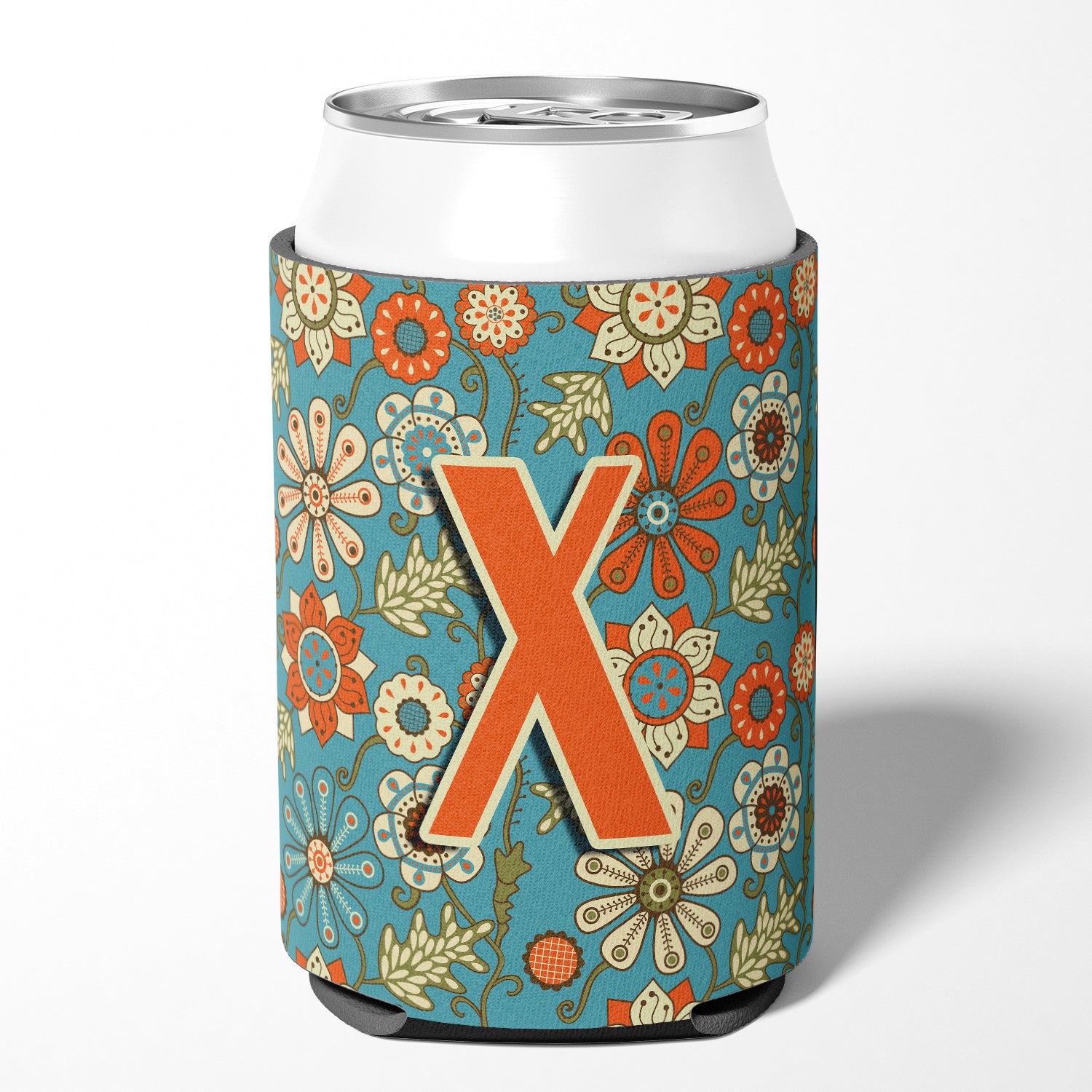 Letter X Flowers Retro Blue Can or Bottle Hugger CJ2012-XCC.