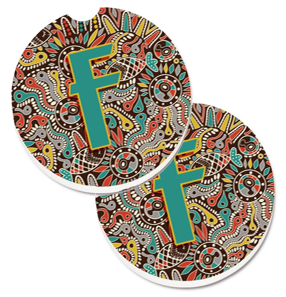 Letter F Retro Tribal Alphabet Initial Set of 2 Cup Holder Car Coasters CJ2013-FCARC by Caroline&#39;s Treasures