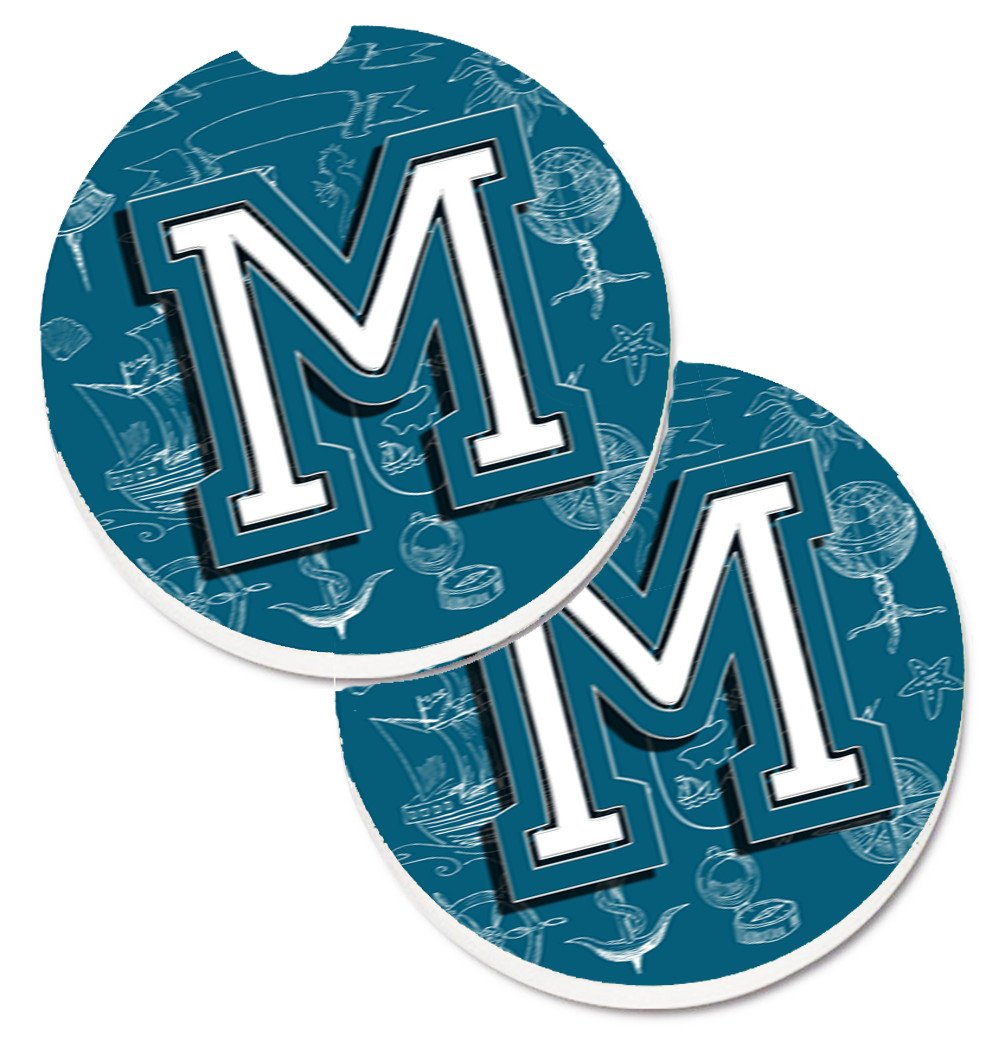 Letter M Sea Doodles Initial Alphabet Set of 2 Cup Holder Car Coasters CJ2014-MCARC by Caroline's Treasures