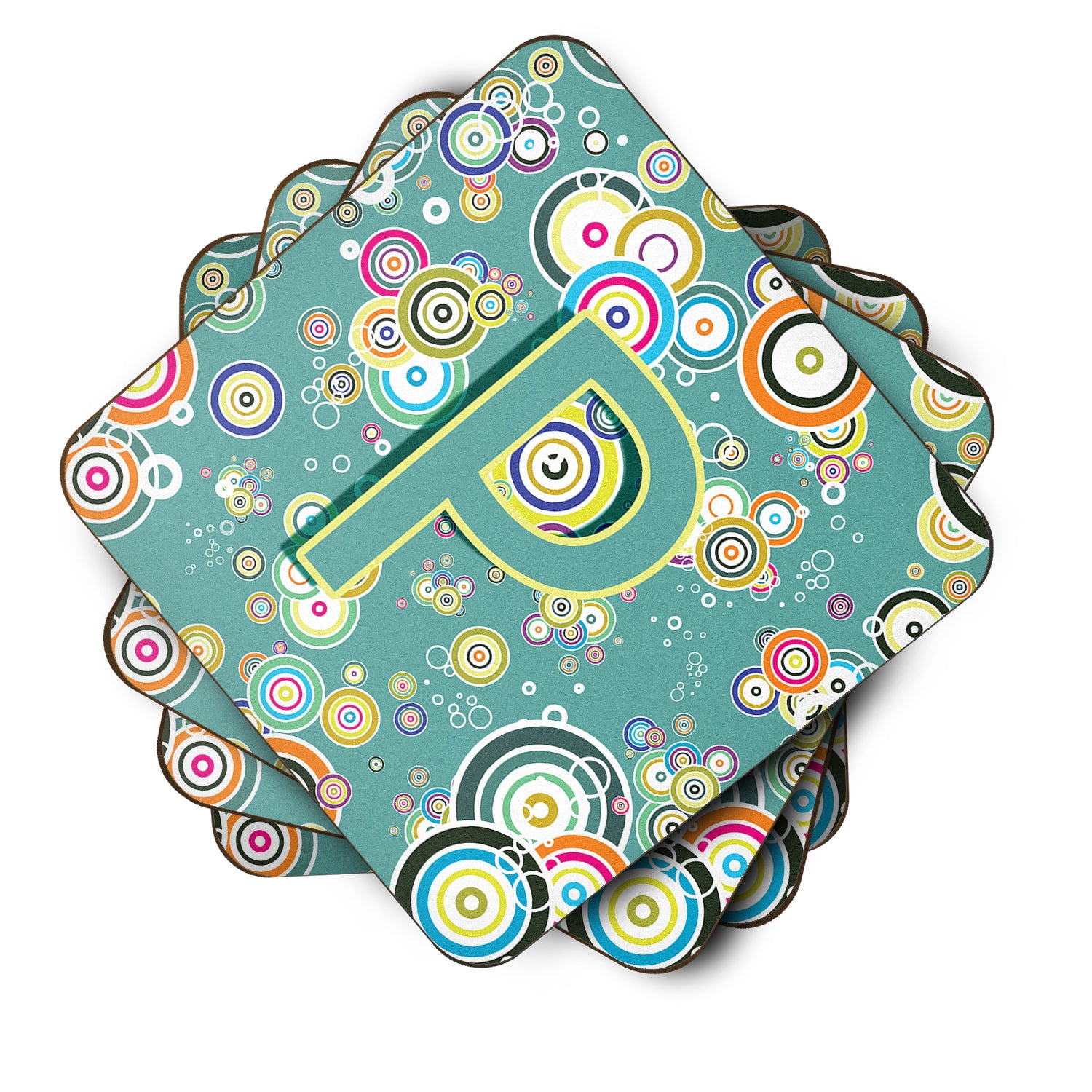 Set of 4 Letter P Circle Circle Teal Initial Alphabet Foam Coasters CJ2015-PFC - the-store.com