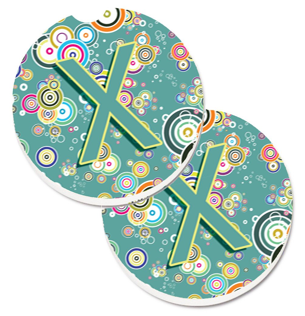 Letter X Circle Circle Teal Initial Alphabet Set of 2 Cup Holder Car Coasters CJ2015-XCARC by Caroline&#39;s Treasures