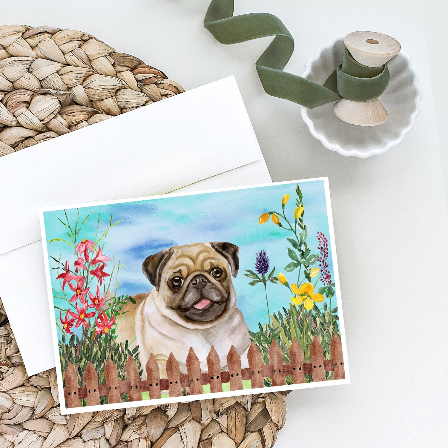 Buy this Fawn Pug Spring Greeting Cards and Envelopes Pack of 8