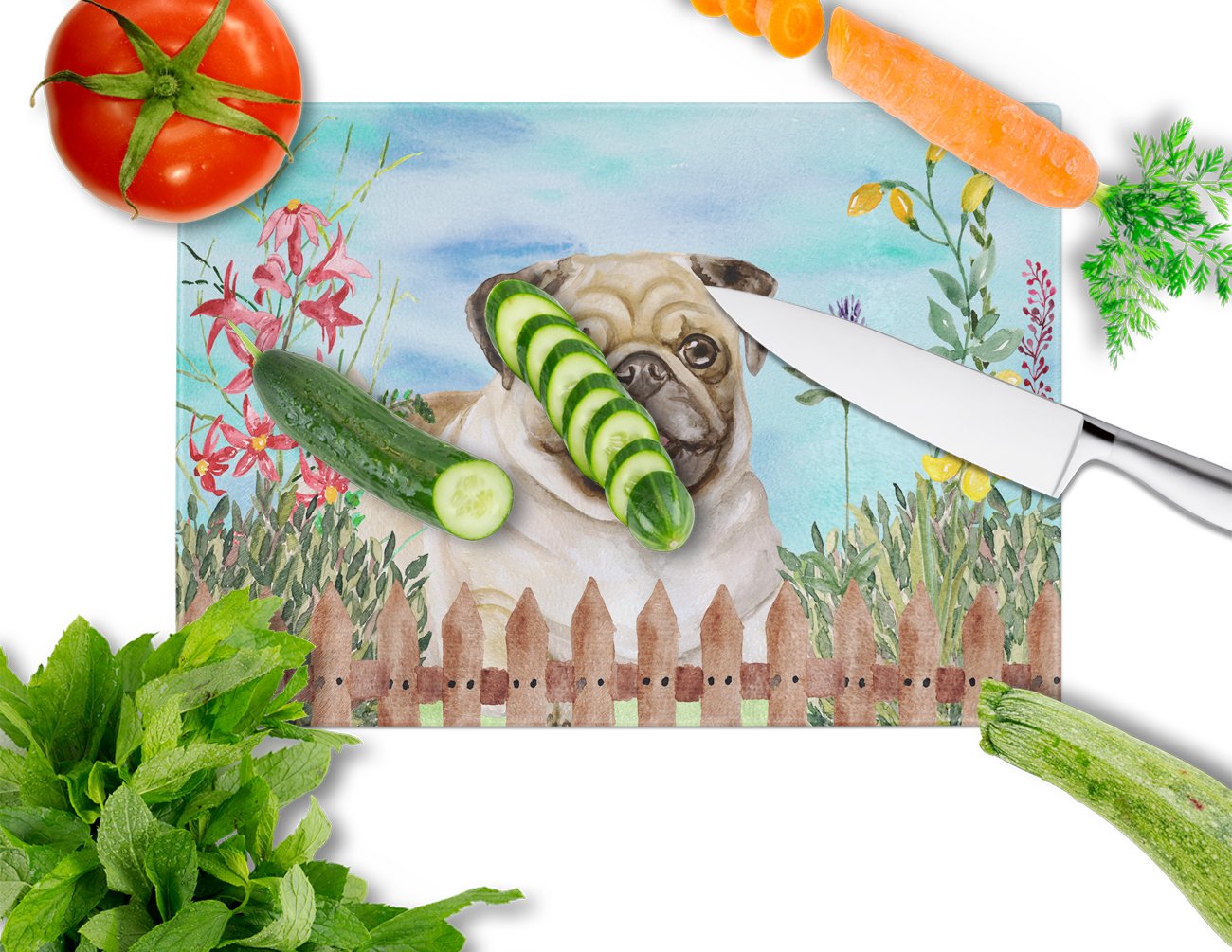 Fawn Pug Spring Glass Cutting Board Large CK1280LCB by Caroline's Treasures