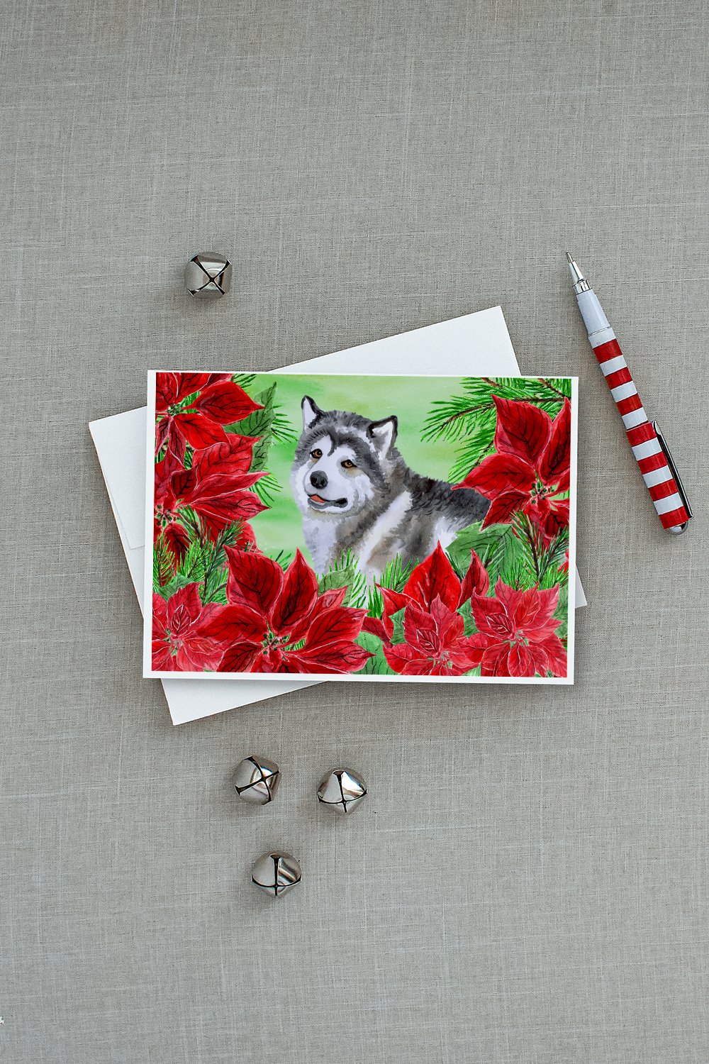 Alaskan Malamute Poinsettas Greeting Cards and Envelopes Pack of 8 - the-store.com