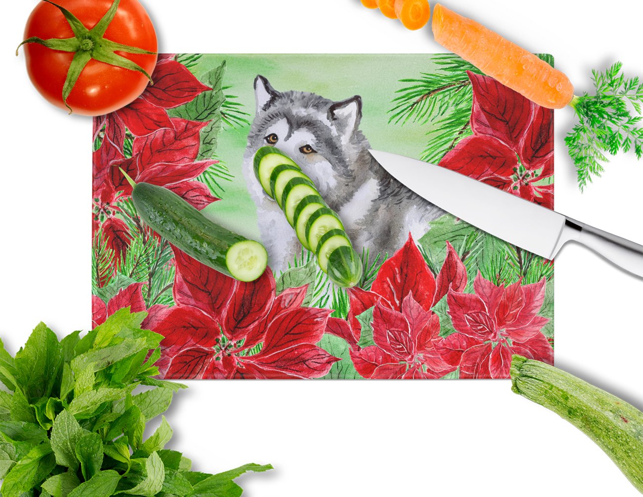 Alaskan Malamute Poinsettas Glass Cutting Board Large CK1287LCB by Caroline's Treasures