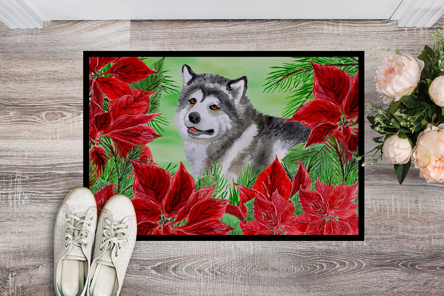 Alaskan Malamute Poinsettas Indoor or Outdoor Mat 18x27 CK1287MAT - the-store.com