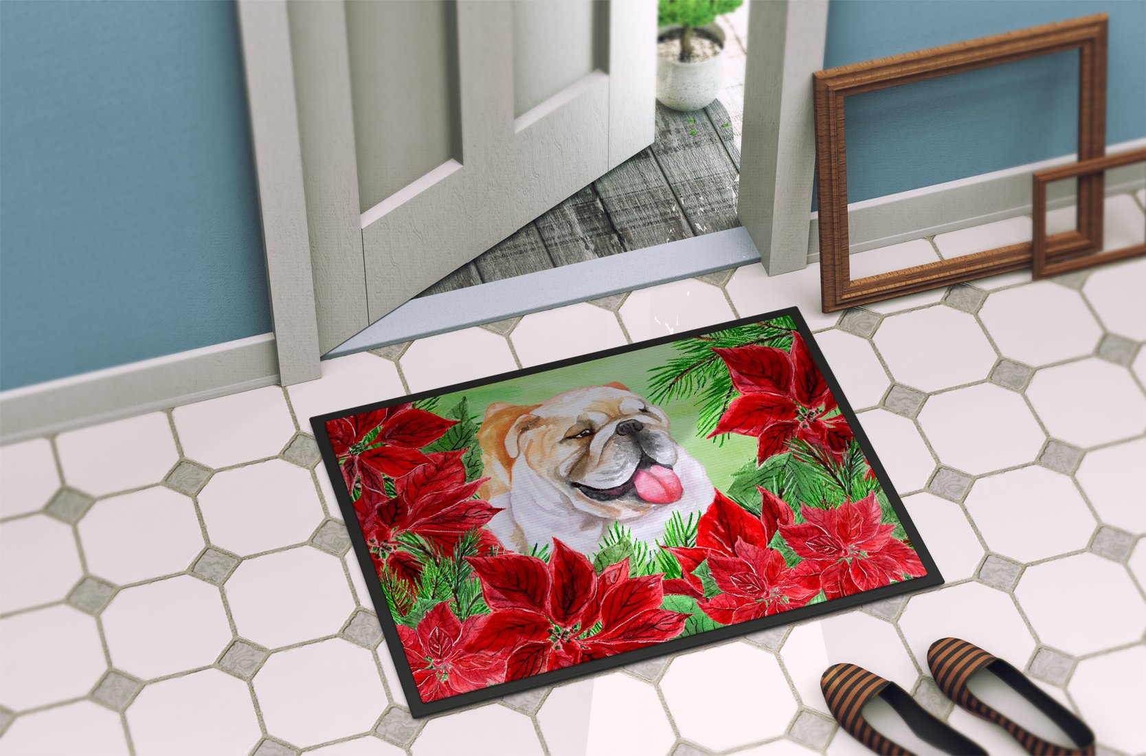 English Bulldog Poinsettas Indoor or Outdoor Mat 24x36 CK1288JMAT by Caroline's Treasures