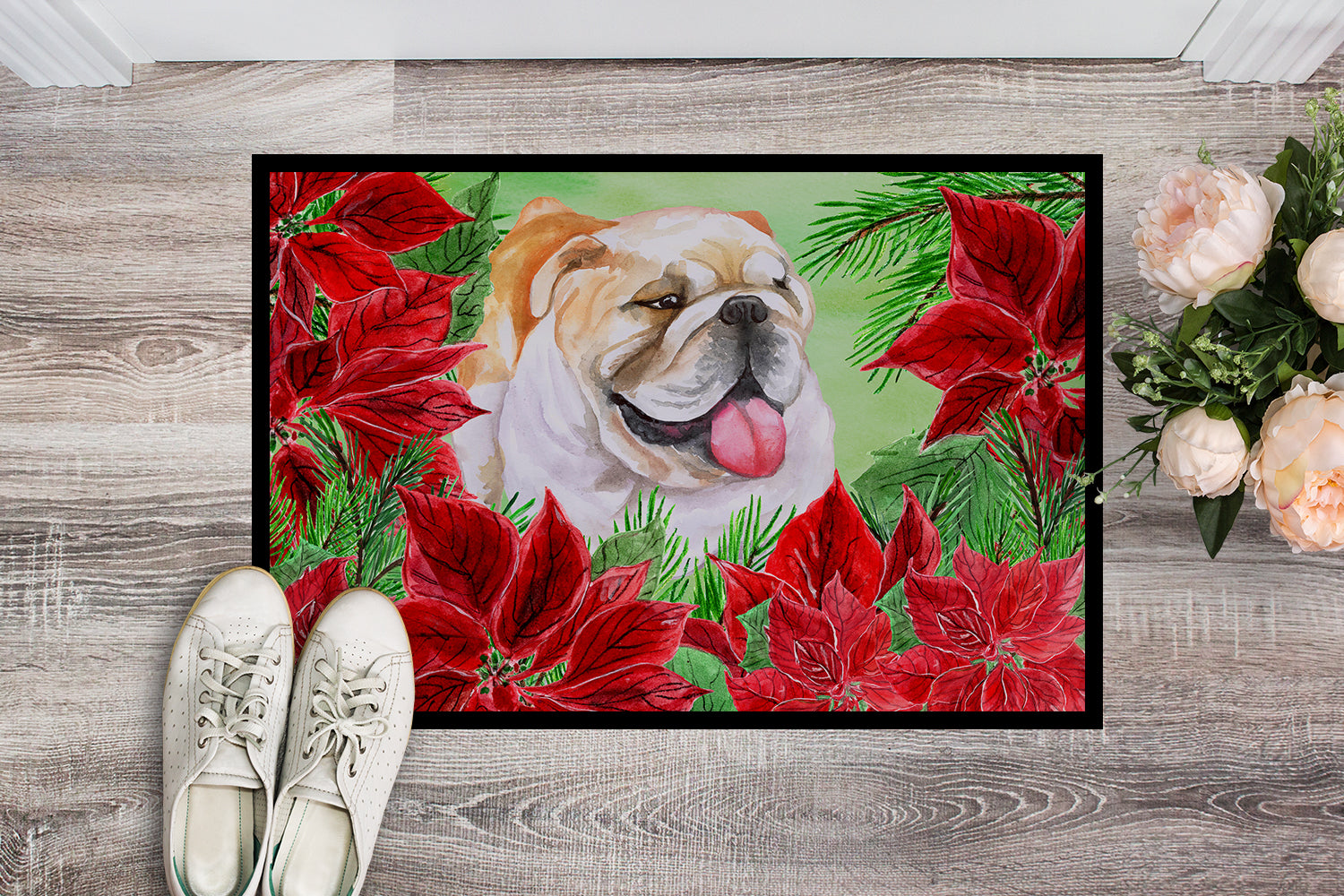 English Bulldog Poinsettas Indoor or Outdoor Mat 18x27 CK1288MAT - the-store.com