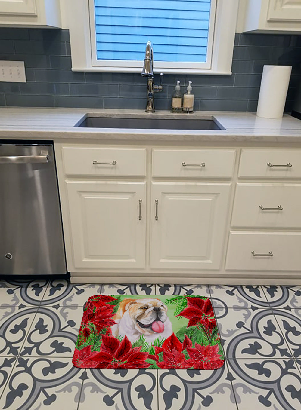 English Bulldog Poinsettas Machine Washable Memory Foam Mat CK1288RUG - the-store.com