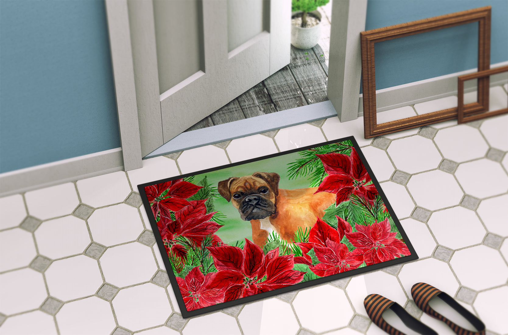 German Boxer Poinsettas Indoor or Outdoor Mat 18x27 CK1289MAT - the-store.com