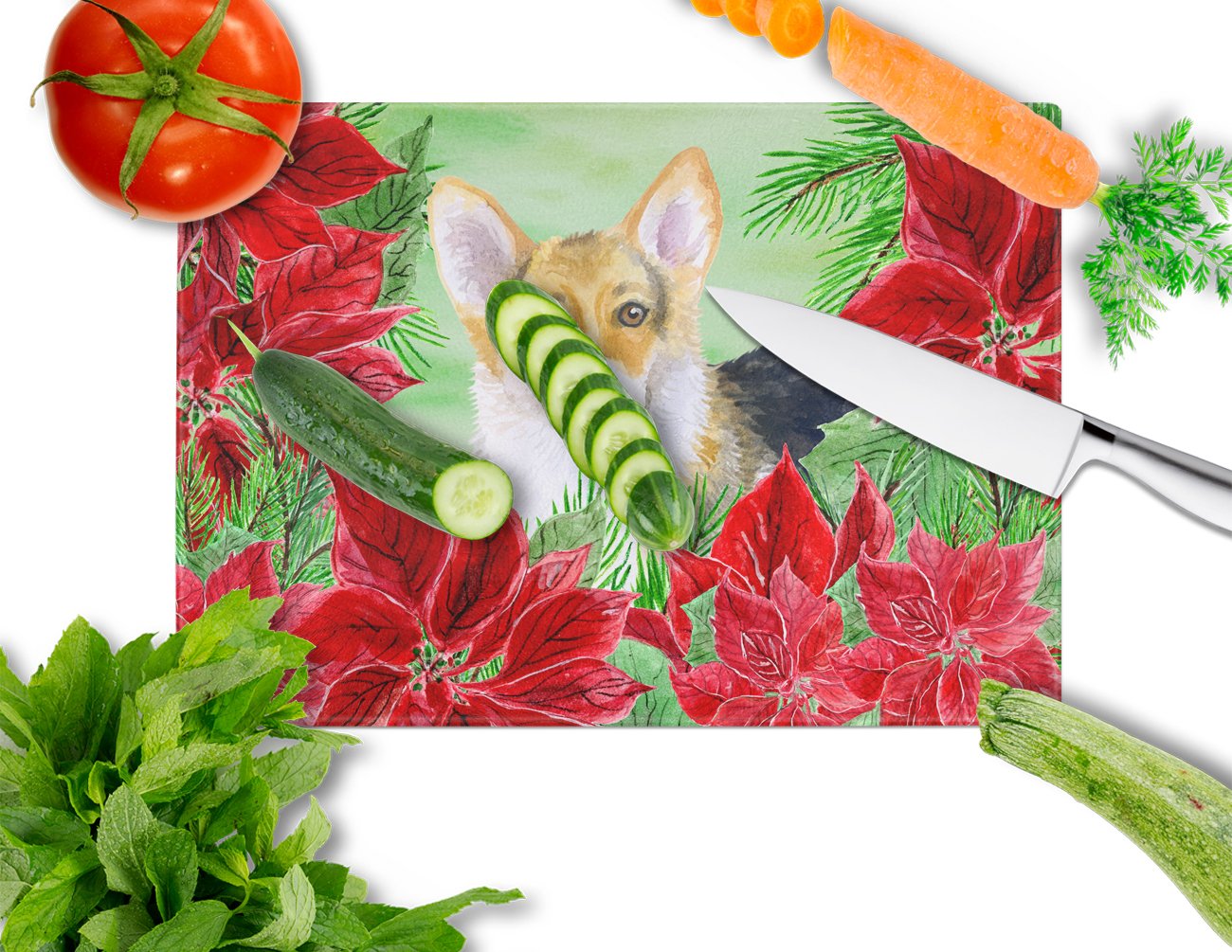 Pembroke Corgi Poinsettas Glass Cutting Board Large CK1291LCB by Caroline's Treasures