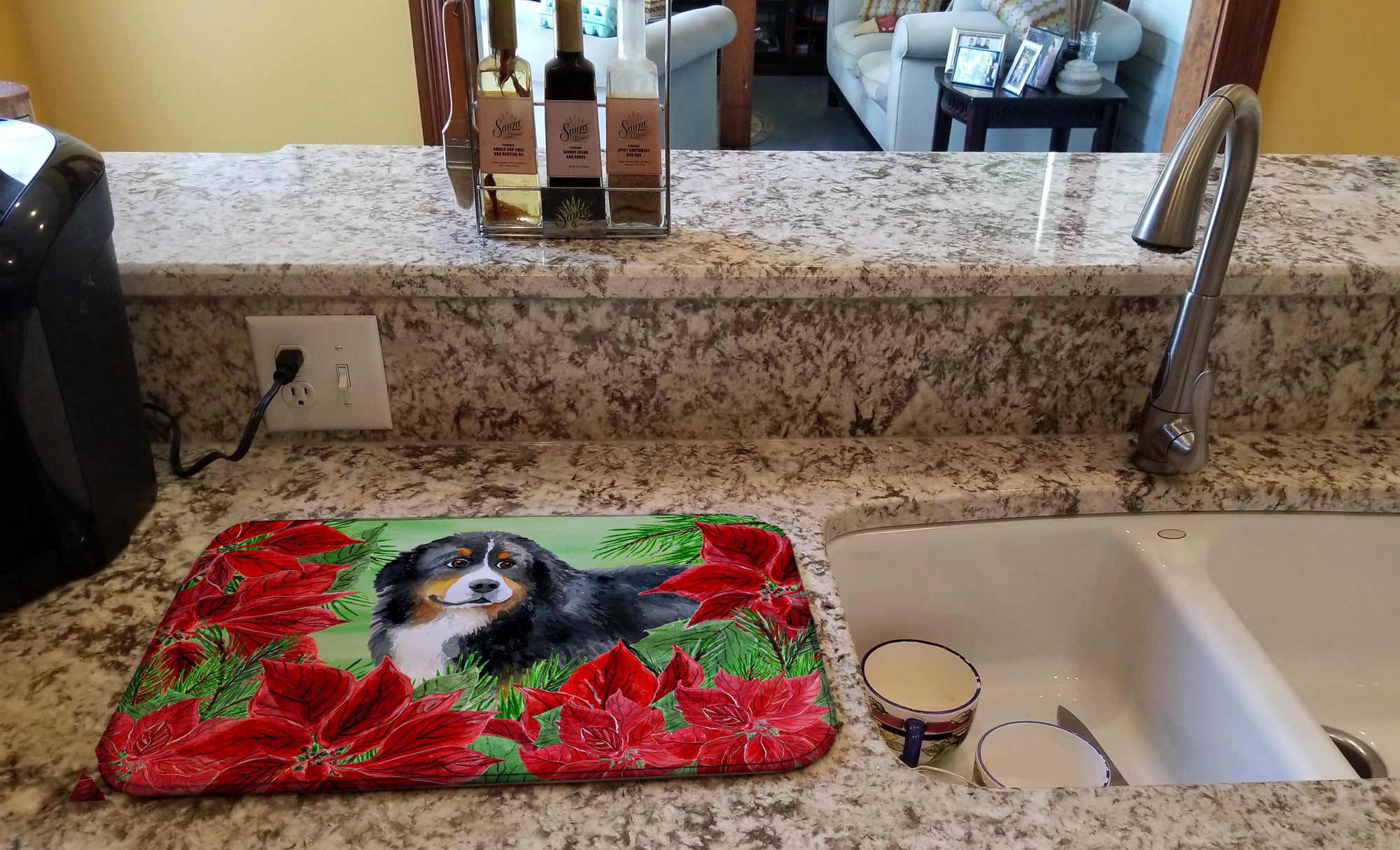 Bernese Mountain Dog Poinsettas Dish Drying Mat CK1294DDM  the-store.com.