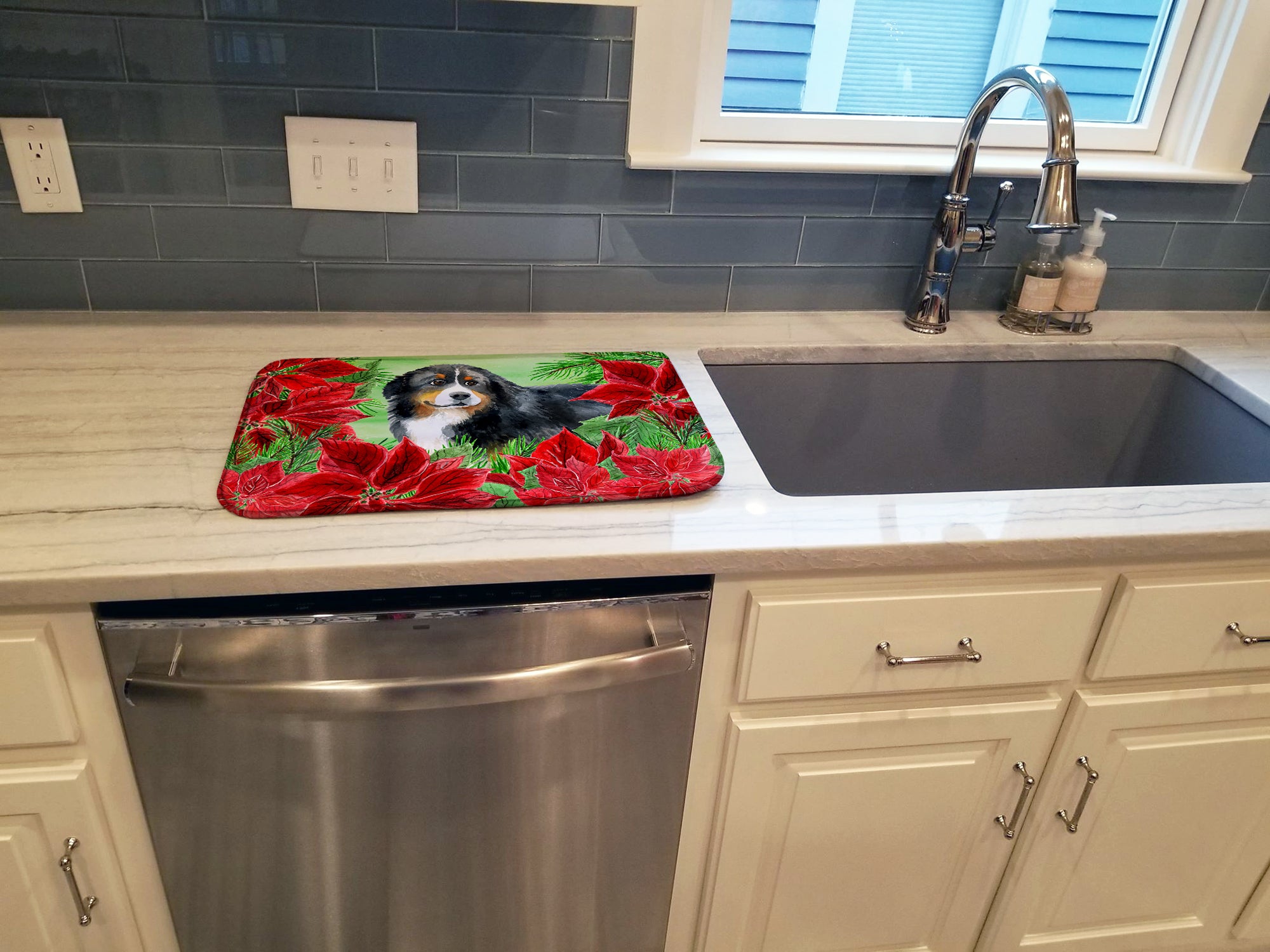 Bernese Mountain Dog Poinsettas Dish Drying Mat CK1294DDM  the-store.com.