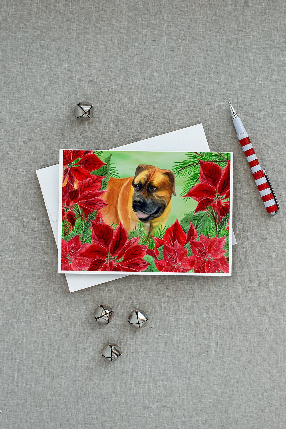 Boerboel Mastiff Poinsettas Greeting Cards and Envelopes Pack of 8 - the-store.com