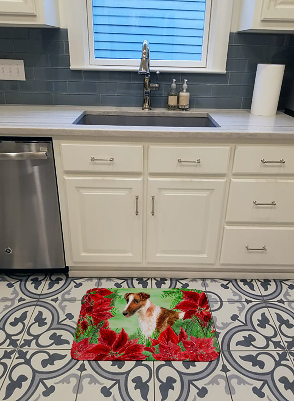 Smooth Fox Terrier Poinsettas Machine Washable Memory Foam Mat CK1296RUG - the-store.com