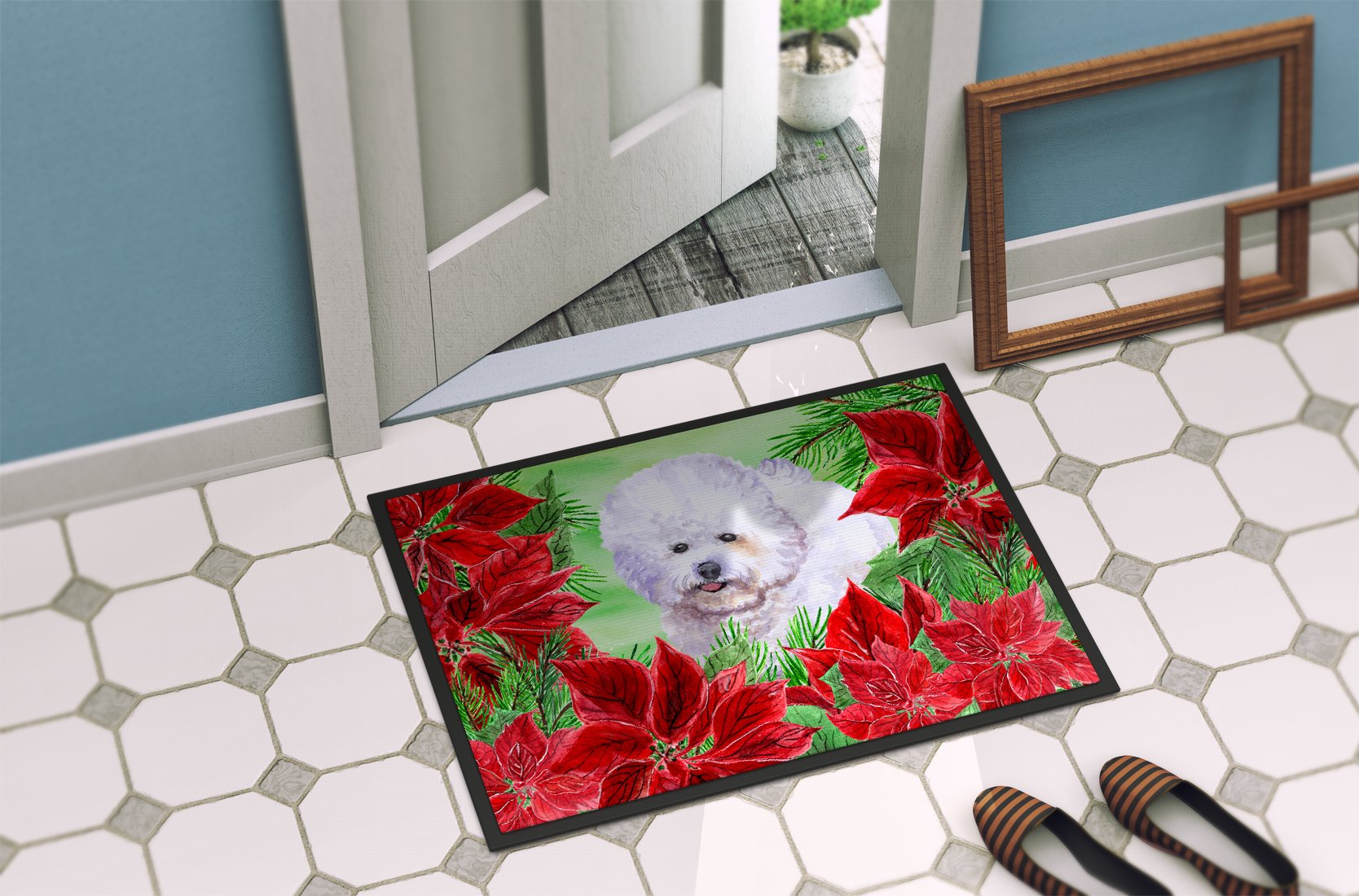 Bichon Frise Poinsettas Indoor or Outdoor Mat 24x36 CK1297JMAT by Caroline's Treasures