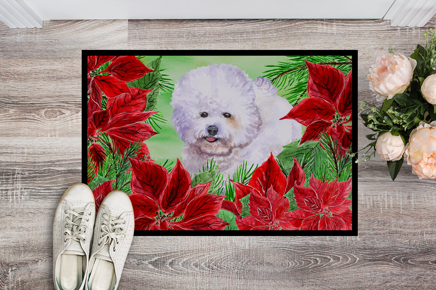 Bichon Frise Poinsettas Indoor or Outdoor Mat 18x27 CK1297MAT - the-store.com