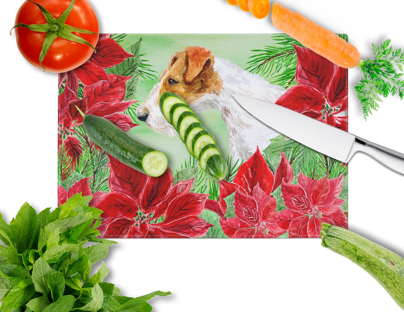 Fox Terrier Poinsettas Glass Cutting Board Large CK1298LCB by Caroline's Treasures