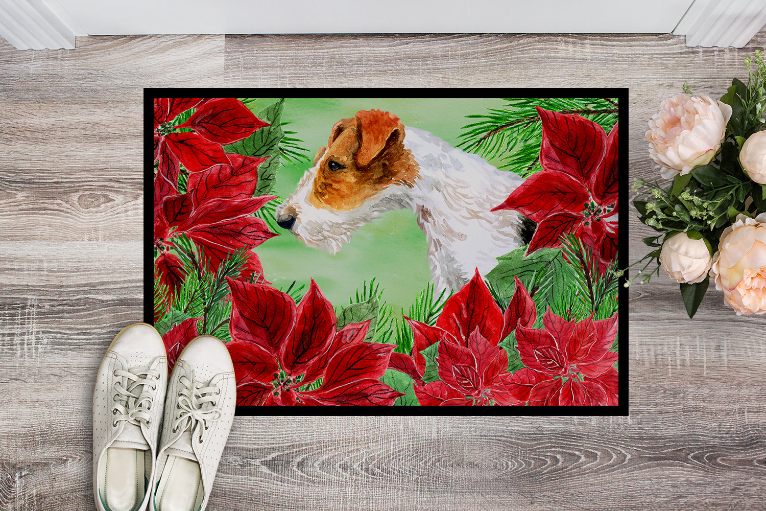 Fox Terrier Poinsettas Indoor or Outdoor Mat 18x27 CK1298MAT - the-store.com