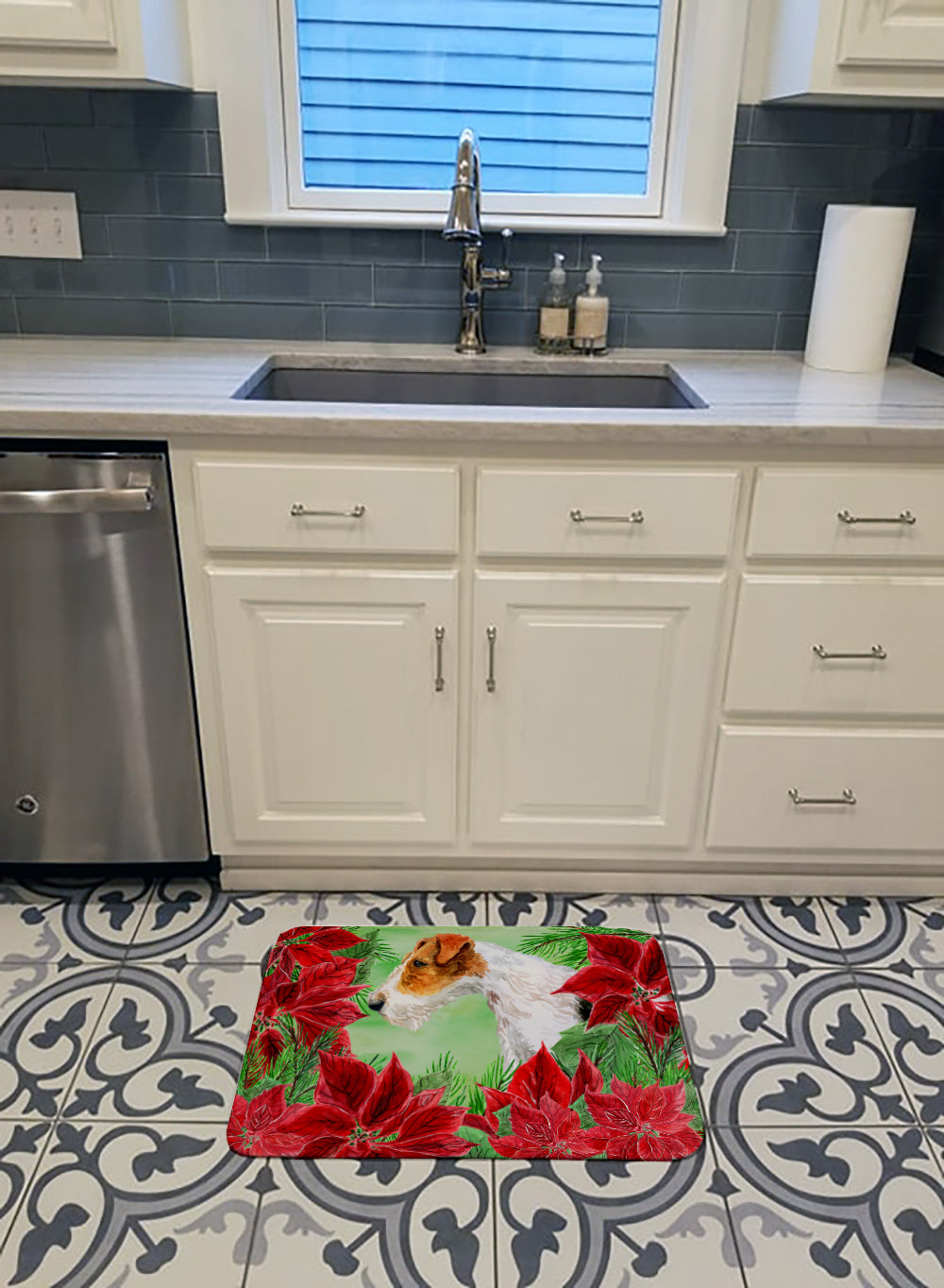 Fox Terrier Poinsettas Machine Washable Memory Foam Mat CK1298RUG - the-store.com