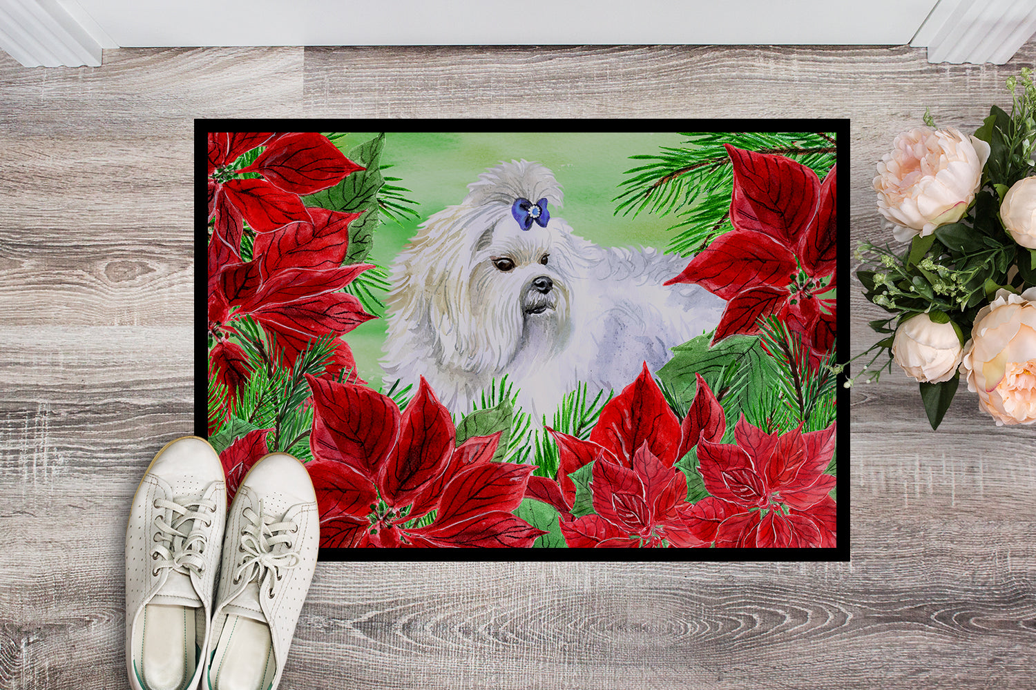 Maltese Poinsettas Indoor or Outdoor Mat 18x27 CK1299MAT - the-store.com