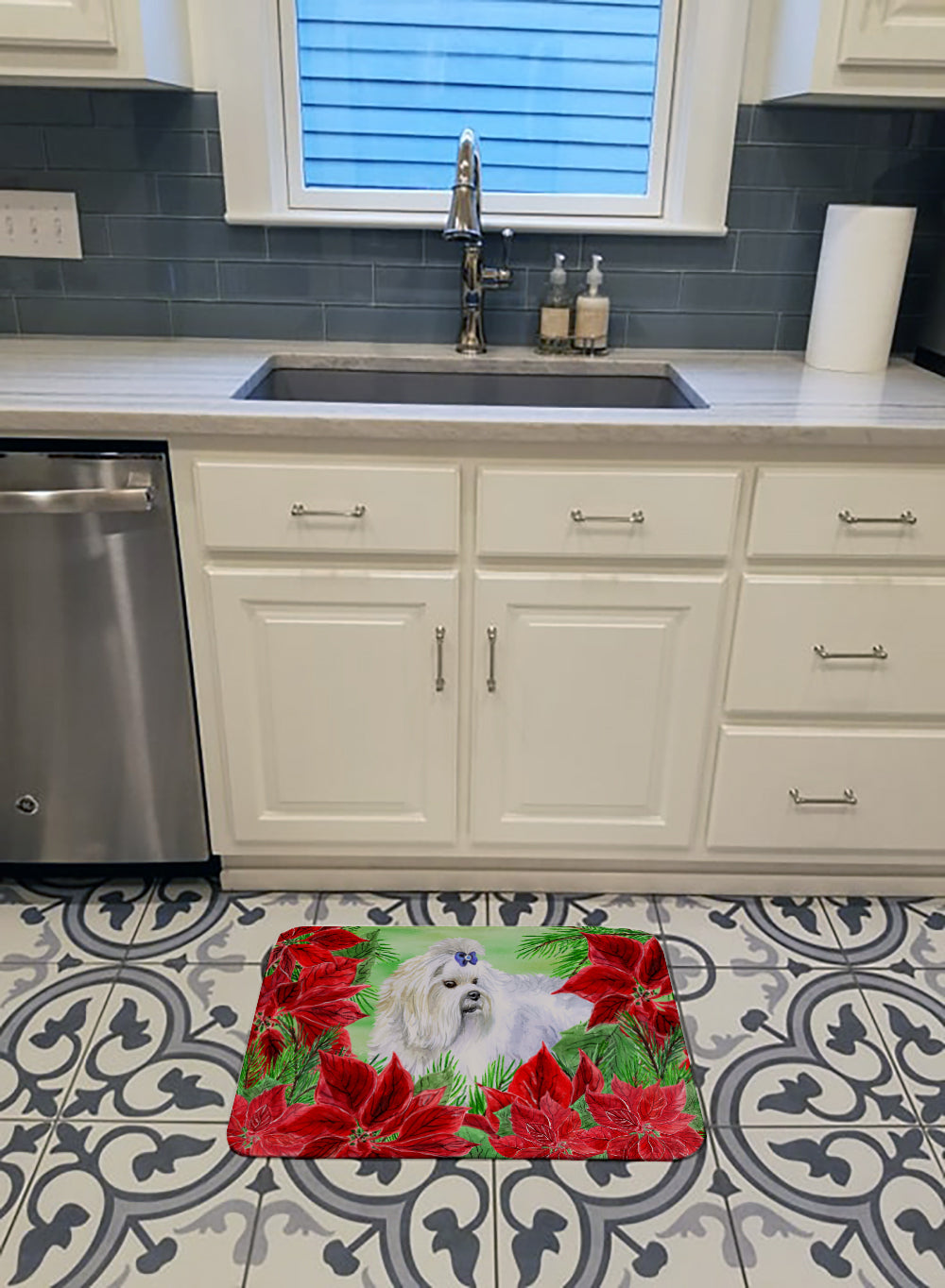 Maltese Poinsettas Machine Washable Memory Foam Mat CK1299RUG - the-store.com