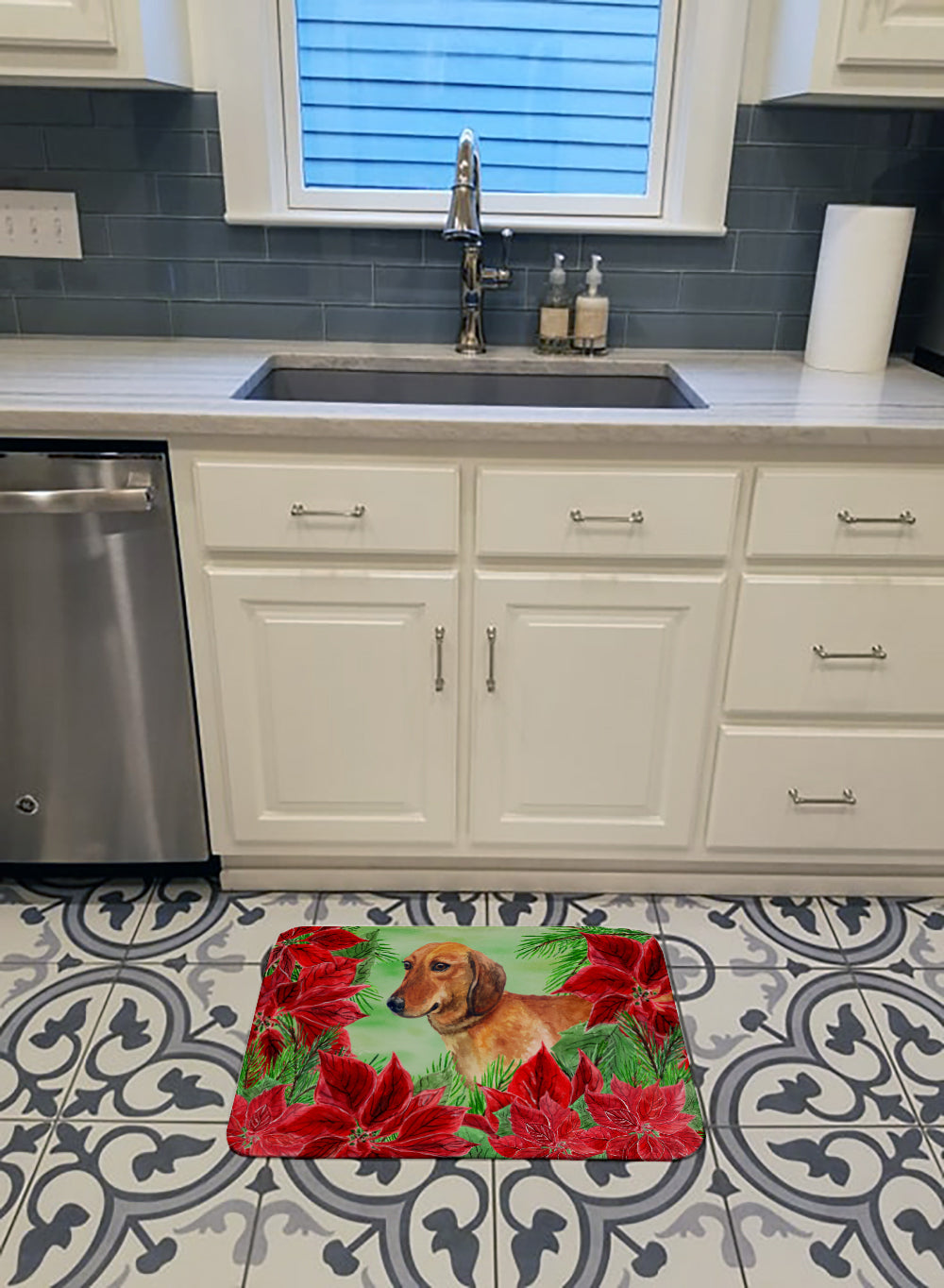 Dachshund Poinsettas Machine Washable Memory Foam Mat CK1300RUG - the-store.com