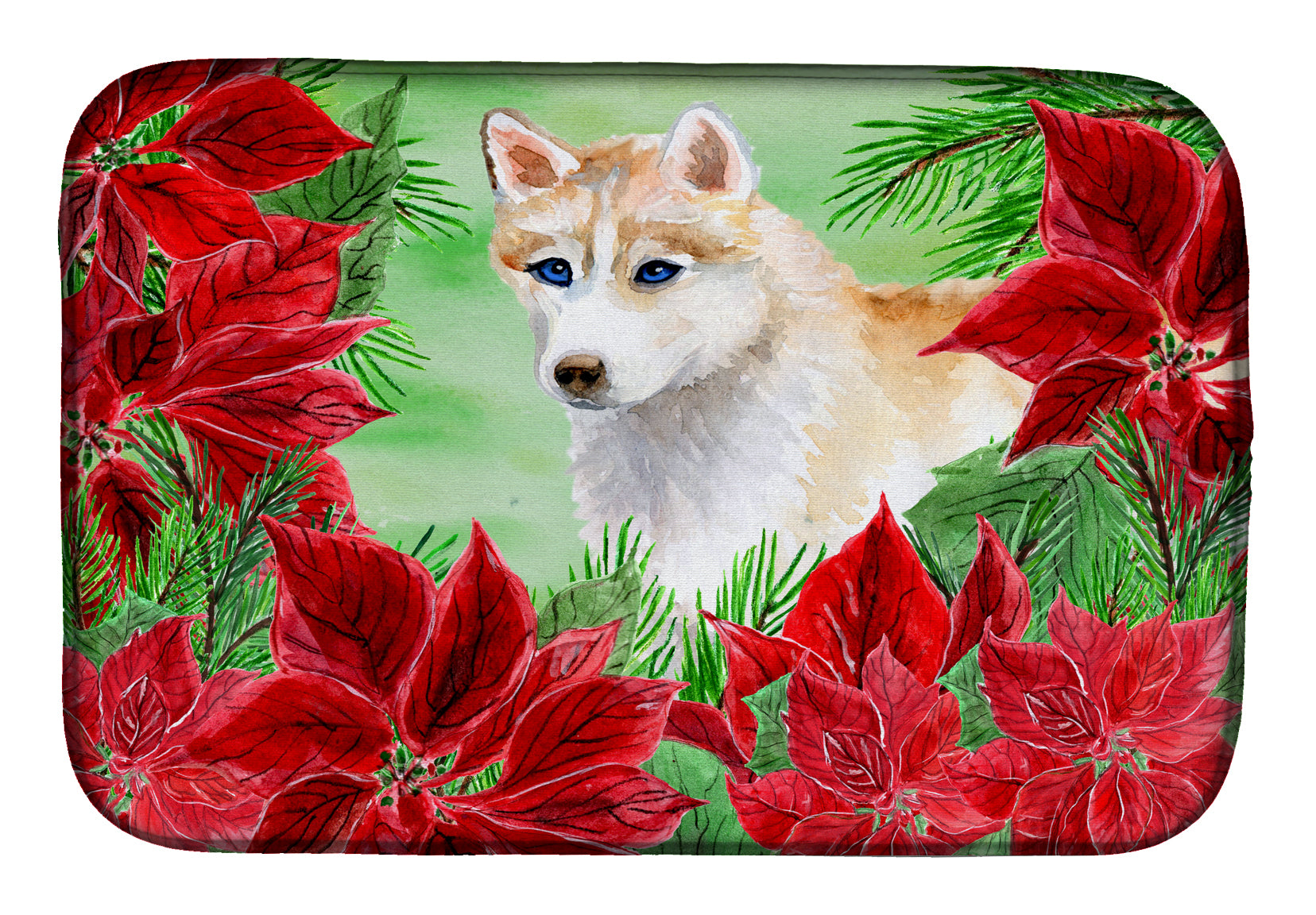 Siberian Husky Poinsettas Dish Drying Mat CK1303DDM  the-store.com.