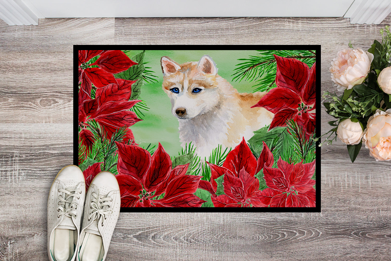 Siberian Husky Poinsettas Indoor or Outdoor Mat 18x27 CK1303MAT - the-store.com