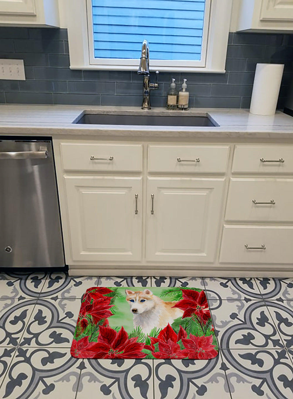 Siberian Husky Poinsettas Machine Washable Memory Foam Mat CK1303RUG - the-store.com