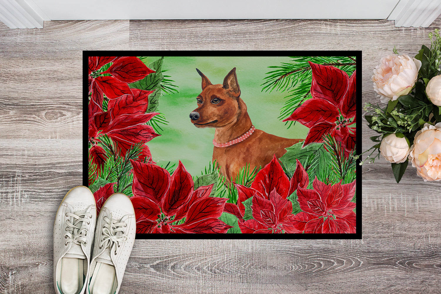 Miniature Pinscher Poinsettas Indoor or Outdoor Mat 18x27 CK1304MAT - the-store.com