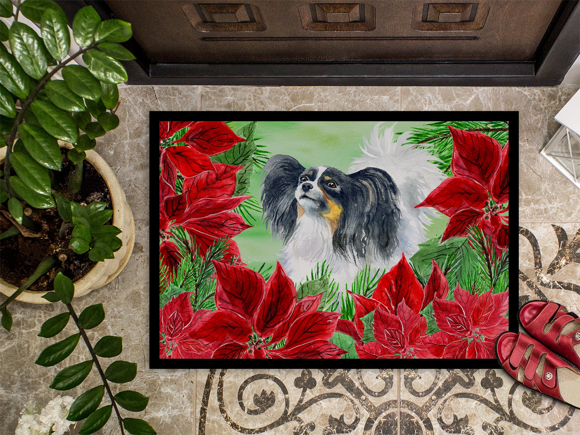 Papillon Poinsettas Indoor or Outdoor Mat 18x27 CK1305MAT - the-store.com