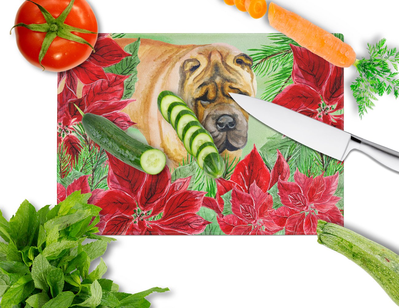 Shar Pei Poinsettas Glass Cutting Board Large CK1309LCB by Caroline's Treasures