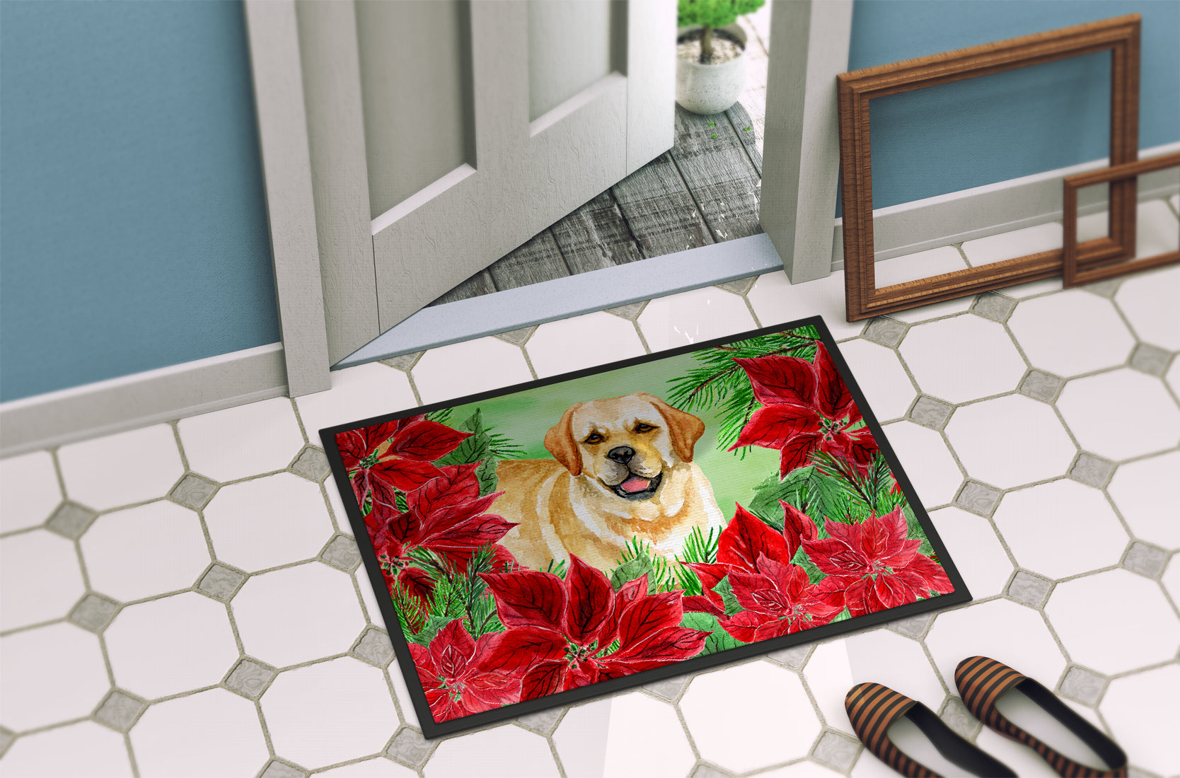 Golden Retriever Poinsettas Indoor or Outdoor Mat 18x27 CK1312MAT - the-store.com