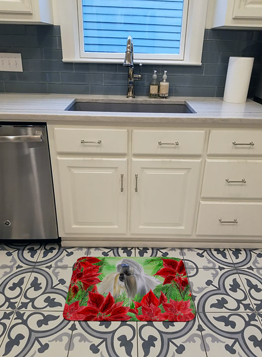 Shih Tzu Poinsettas Machine Washable Memory Foam Mat CK1314RUG - the-store.com