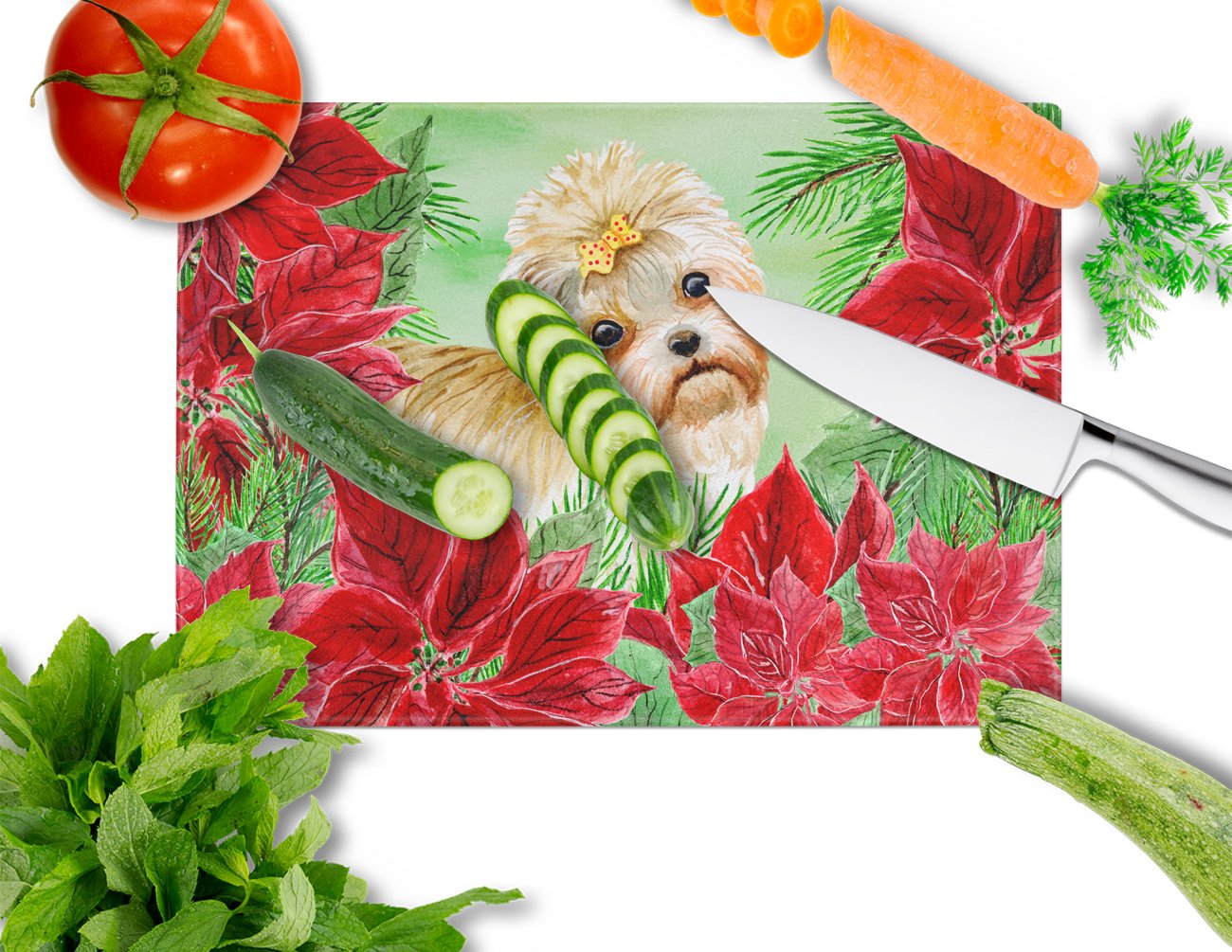 Morkie Poinsettas Glass Cutting Board Large CK1316LCB by Caroline's Treasures