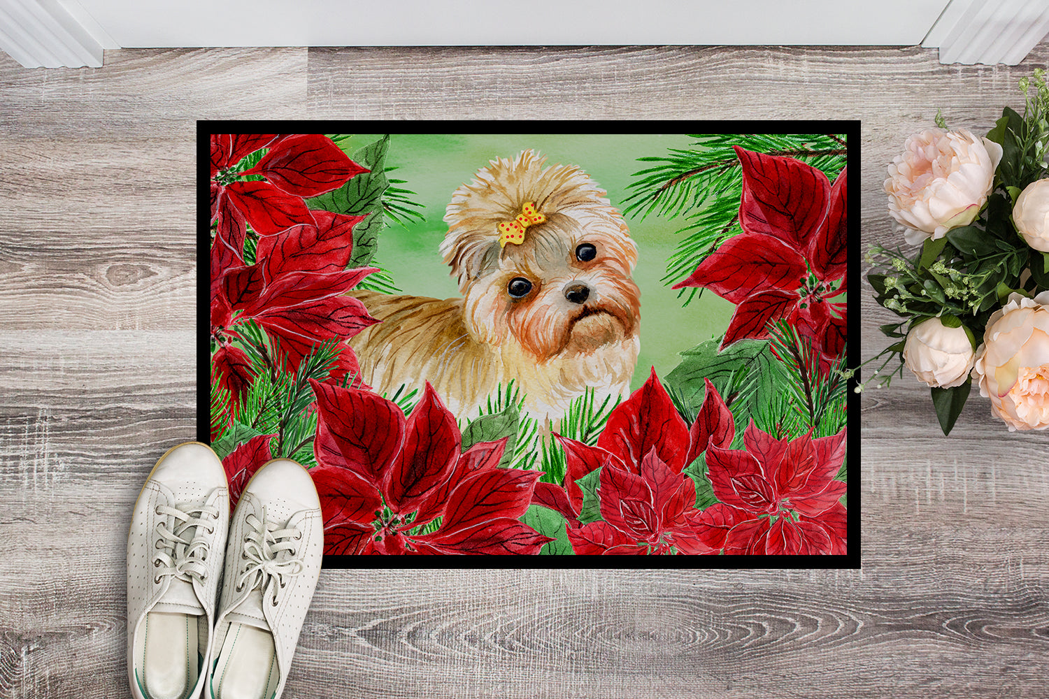 Morkie Poinsettas Indoor or Outdoor Mat 18x27 CK1316MAT - the-store.com